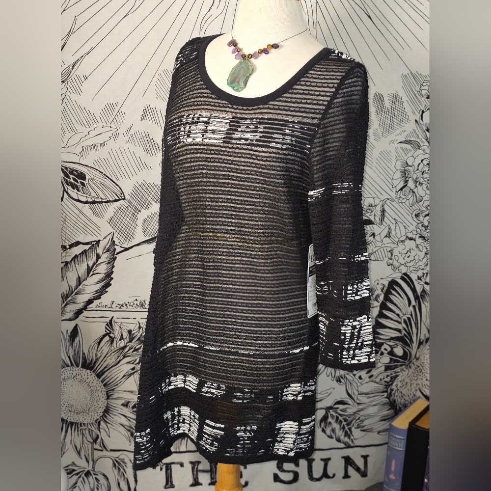 NWT Belldini Black & White Sheer Asymmetrical "Wet Paint Tunic" 3/4 Sleeves XL